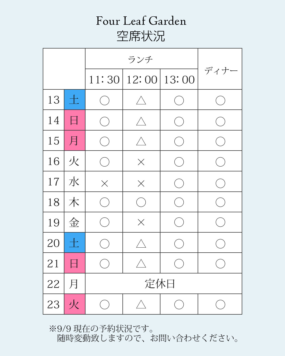 9月9日更新、フォーリーフガーデン空席状況